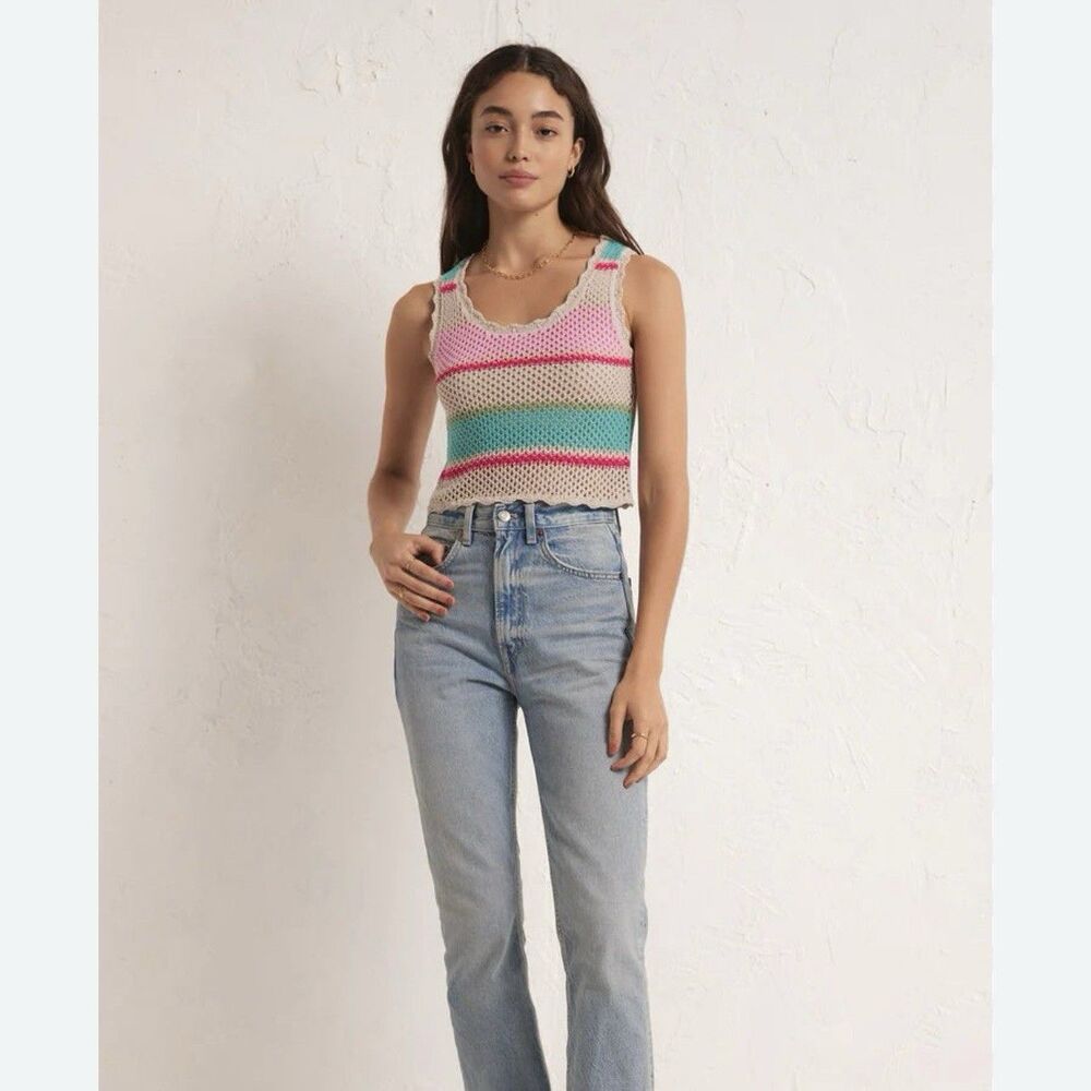 Crochet Multi Striped Boho Baby Cropped Lightweight Festival Tank Y2K Size S